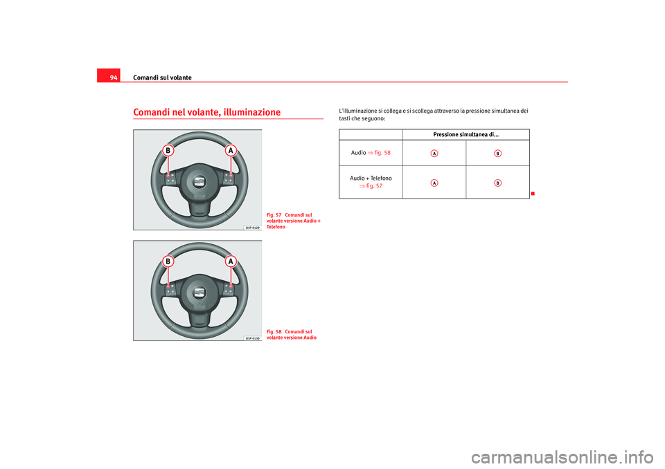 Seat Altea XL 2008  Manuale del proprietario (in Italian) Comandi sul volante
94Comandi nel volante, illuminazione
Lilluminazione si collega e si scollega attraverso la pressione simultanea dei 
tasti che seguono:
Fig. 57  Comandi sul 
volante versione Audi