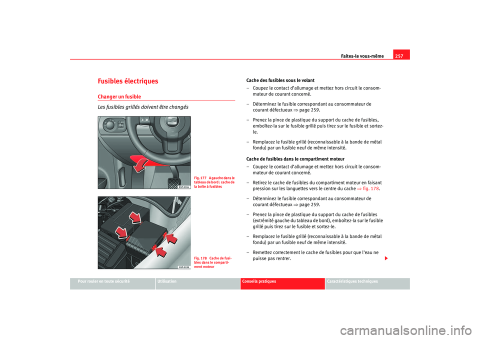 Seat Ateca XL 2007  Manuel du propriétaire (in French)  Faites-le vous-même257
Pour rouler en toute sécurité
Utilisation
Conseils pratiques
Caractéristiques techniques
Fusibles électriquesChanger un fusible
Les fusibles grillés doivent être changés