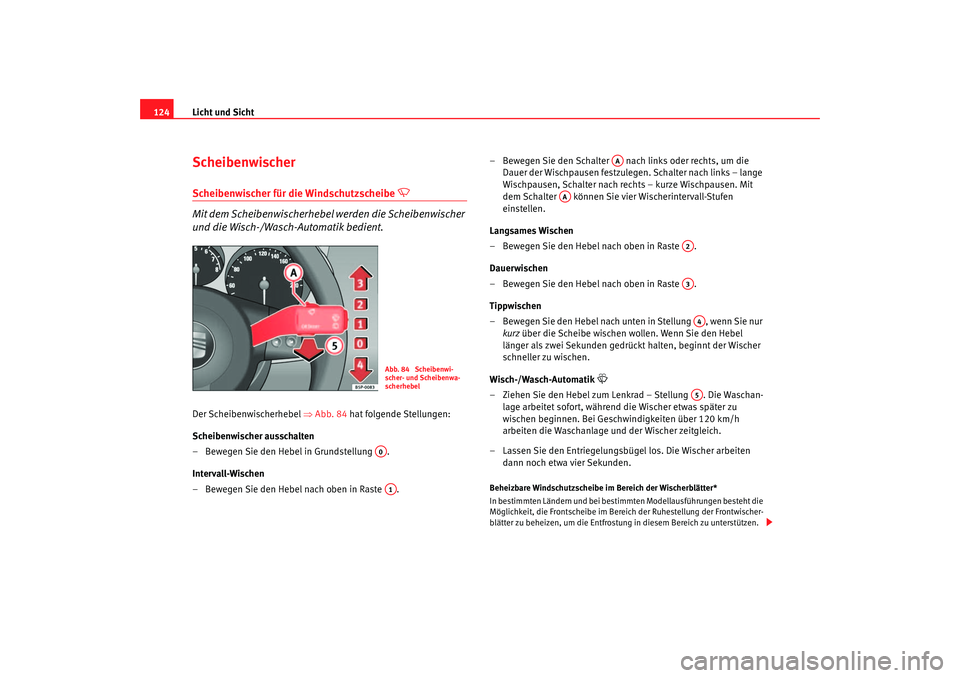 Seat Ateca XL 2006 Betriebsanleitung (in German) Licht und Sicht
124ScheibenwischerScheibenwischer für die Windschutzscheibe
Mit dem Scheibenwischerhebel werden die Scheibenwischer
und die Wisch-/Wasch-Automatik bedient.
Der Scheibenwischer Seat Ateca XL 2006 Betriebsanleitung (in German) Licht und Sicht
124ScheibenwischerScheibenwischer für die Windschutzscheibe
Mit dem Scheibenwischerhebel werden die Scheibenwischer
und die Wisch-/Wasch-Automatik bedient.
Der Scheibenwischer