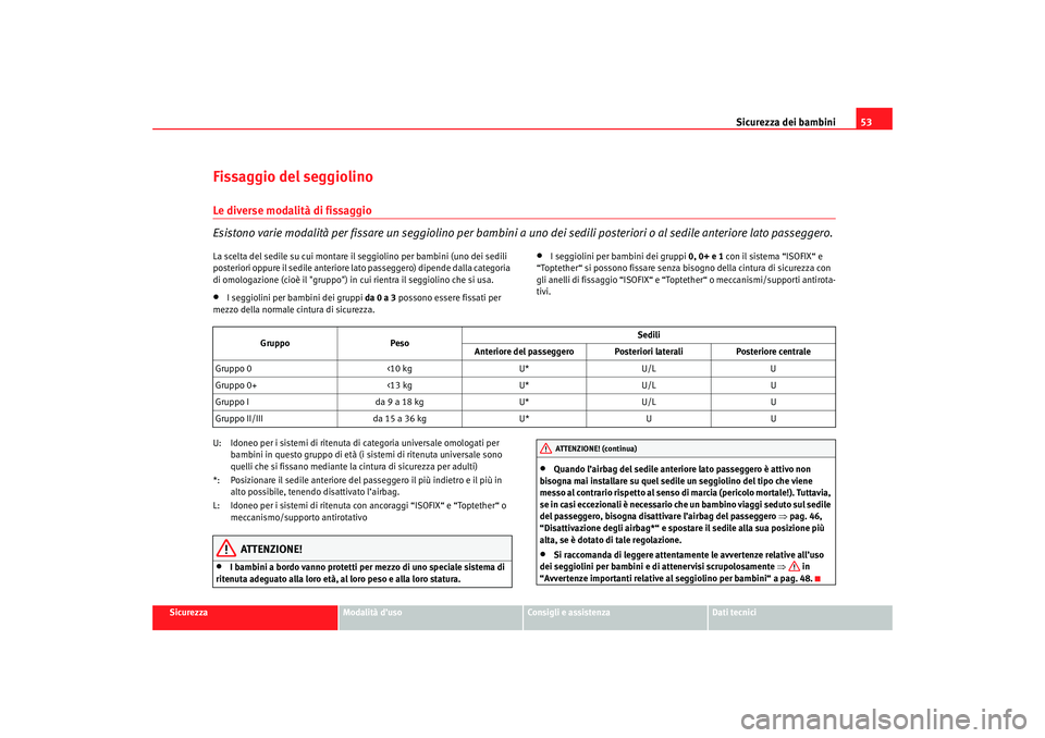 Seat Ateca XL 2006  Manuale del proprietario (in Italian) Sicurezza dei bambini53
Sicurezza
Modalità d’uso
Consigli e assistenza
Dati tecnici
Fissaggio del seggiolinoLe diverse modalità di fissaggio
Esistono varie modalità per fissare un seggiolino per 