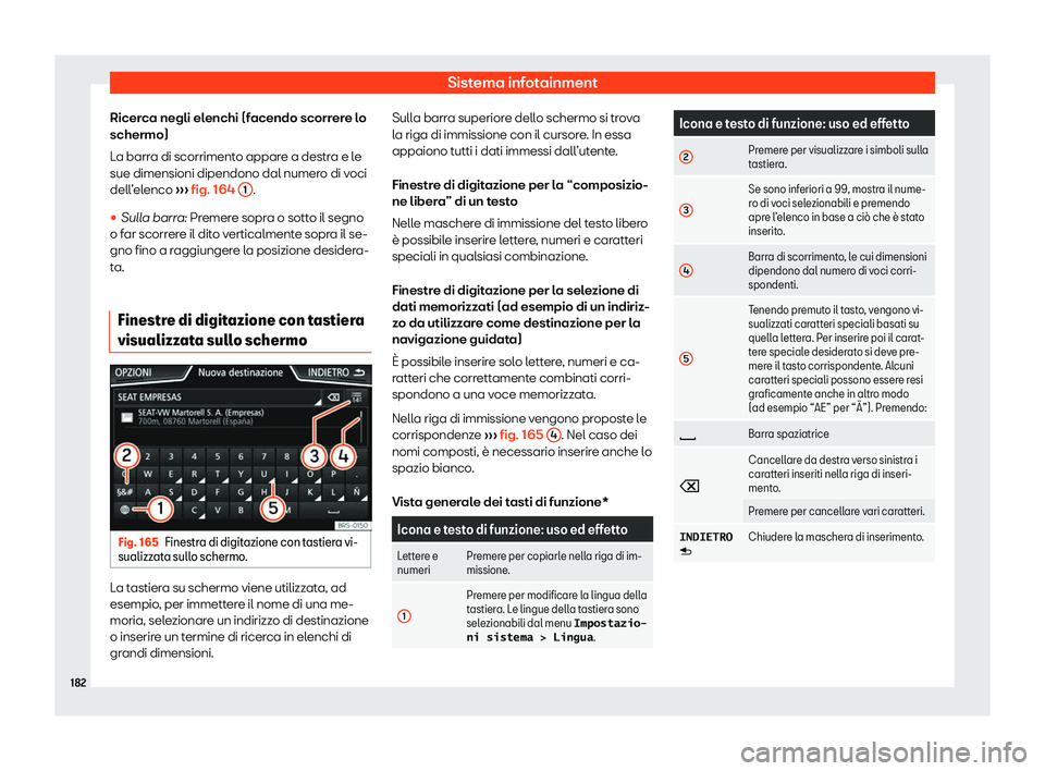 Seat Ateca 2020  Manuale del proprietario (in Italian) Sistema infotainment
Ricerca negli elenchi (facendo scorrere lo
schermo)
L a barr
a di scorrimento appare a destra e le
sue dimensioni dipendono dal numero di voci
dell’elenco  ››› fig. 164 
1