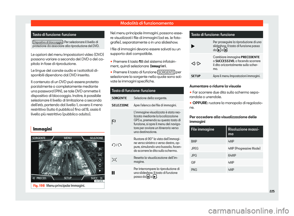 Seat Ateca 2020  Manuale del proprietario (in Italian) Modalità di funzionamento
Tasto di funzione: funzione
Dispositivo di bloccaggio : Per selezionare il livello di
pr ot
ezione da associare alla riproduzione del DVD. Le opzioni del menu Impostazioni v