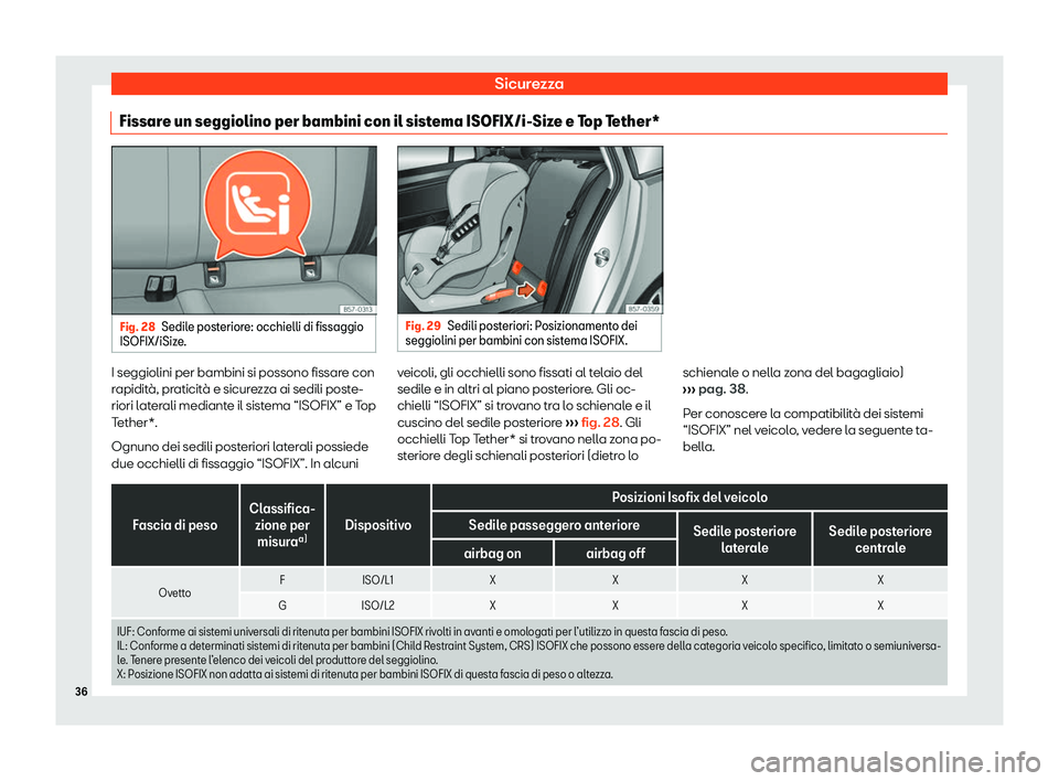 Seat Ateca 2020 Manuale del proprietario (in Italian) Sicurezza
Fissare un seggiolino per bambini con il sistema ISOFIX/i-Size e Top Tether* Fig. 28
Sedile posteriore: occhielli di fissaggio
ISOFIX/iSiz e
. Fig. 29
Sedili posteriori: Posizionamento dei
s Seat Ateca 2020 Manuale del proprietario (in Italian) Sicurezza
Fissare un seggiolino per bambini con il sistema ISOFIX/i-Size e Top Tether* Fig. 28
Sedile posteriore: occhielli di fissaggio
ISOFIX/iSiz e
. Fig. 29
Sedili posteriori: Posizionamento dei
s