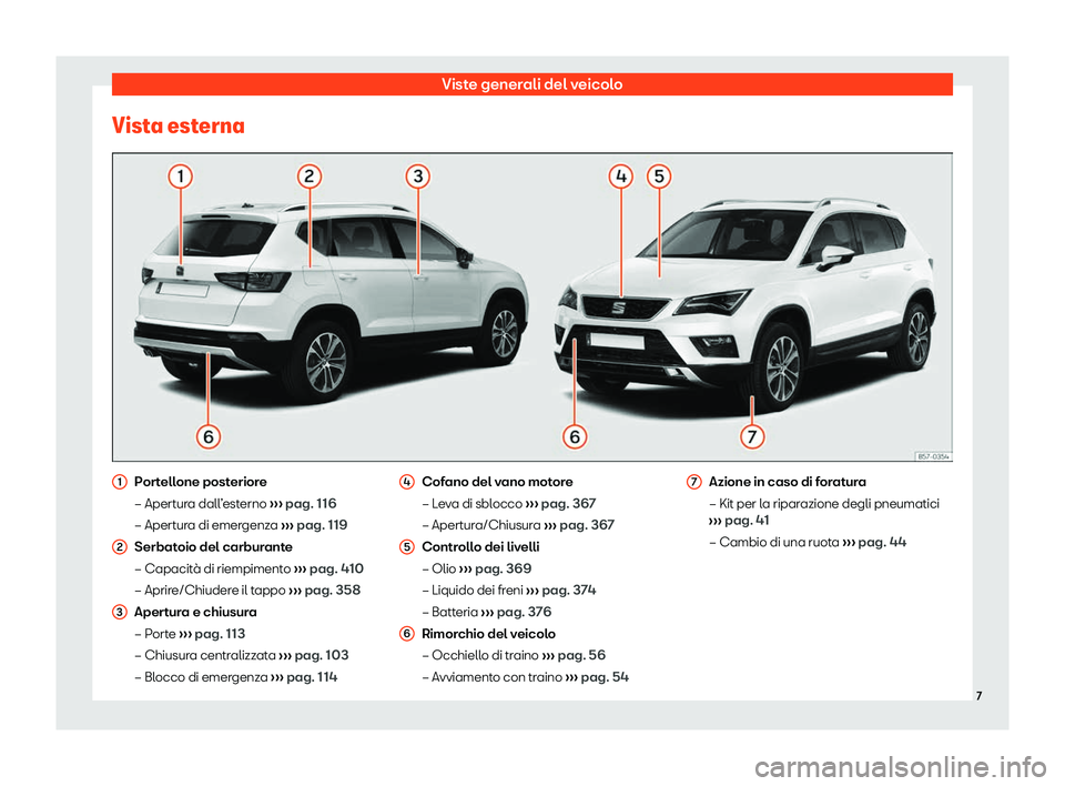 Seat Ateca 2020  Manuale del proprietario (in Italian) Viste generali del veicolo
Vista esterna Portellone posteriore
– Apert
ur
a dall’esterno  ››› pag. 116
– Apertura di emergenza  ››› pag. 119
Serbatoio del carburante
– Capacità di