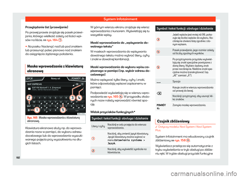 Seat Ateca 2020  Instrukcja Obsługi (in Polish) System Infotainment
Przeglądanie list (przewijanie)
P o pr
awej prawie znajduje się pasek przewi-
jania, którego wielkość zależy od ilości wpi-
sów na liście.  ››› rys. 164 
1 .
