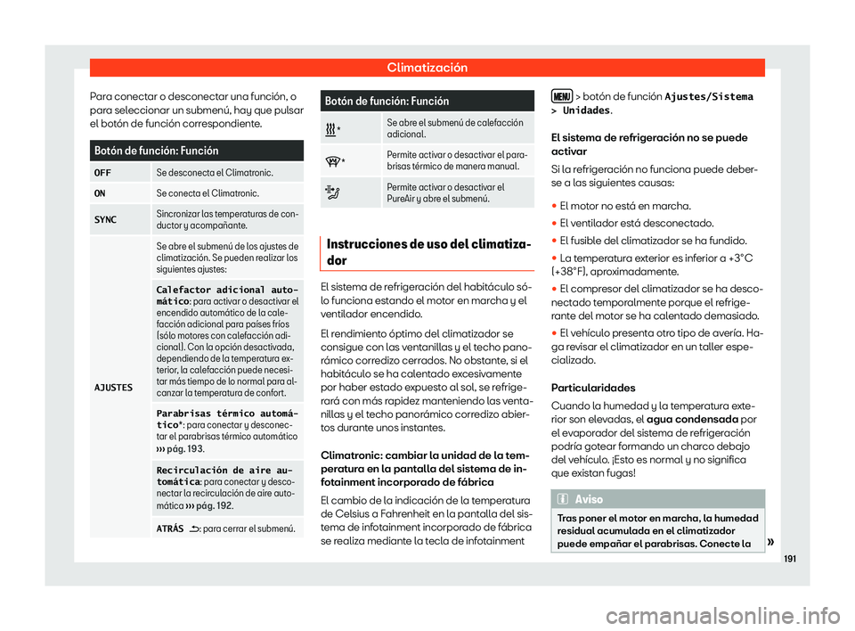 Seat Ateca 2019  Manual del propietario (in Spanish) Climatizaci