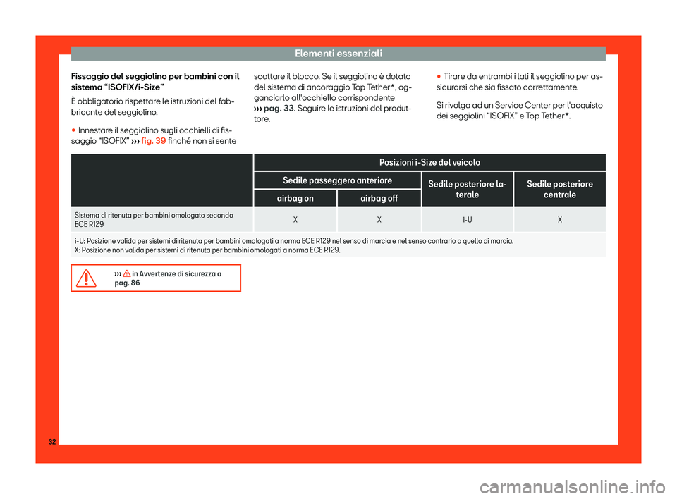 Seat Ateca 2019  Manuale del proprietario (in Italian) Elementi essenziali
Fissaggio del seggiolino per bambini con il
sist ema “ISOFIX/i-Siz
e”
