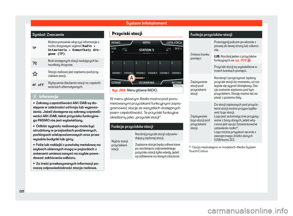 Seat Ateca 2019  Instrukcja Obsługi (in Polish) System Infotainment
Symbol: Znaczenie
�T�P Mo