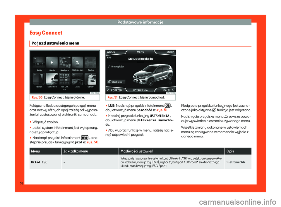 Seat Ateca 2019  Instrukcja Obsługi (in Polish) Podstawowe informacje
Easy Connect �P�o�j�a�z�d  ustawienia menu Rys. 50
Easy Connect: Menu g