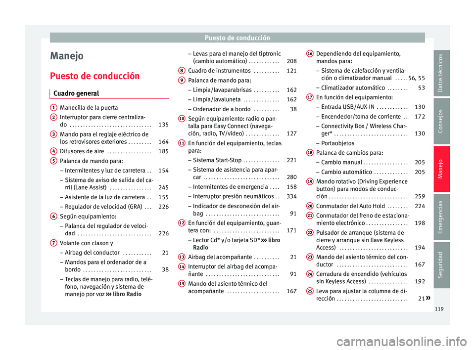 Seat Ateca 2018 Manual del propietario (in Spanish) Puesto de conducción
Manejo
P ue
s
to de conducción
Cuadro general Manecilla de la puerta
Interrupt
or p
ara cierre centraliza-
do . . . . . . . . . . . . . . . . . . . . . . . . . . . . . . . 135 Seat Ateca 2018 Manual del propietario (in Spanish) Puesto de conducción
Manejo
P ue
s
to de conducción
Cuadro general Manecilla de la puerta
Interrupt
or p
ara cierre centraliza-
do . . . . . . . . . . . . . . . . . . . . . . . . . . . . . . . 135