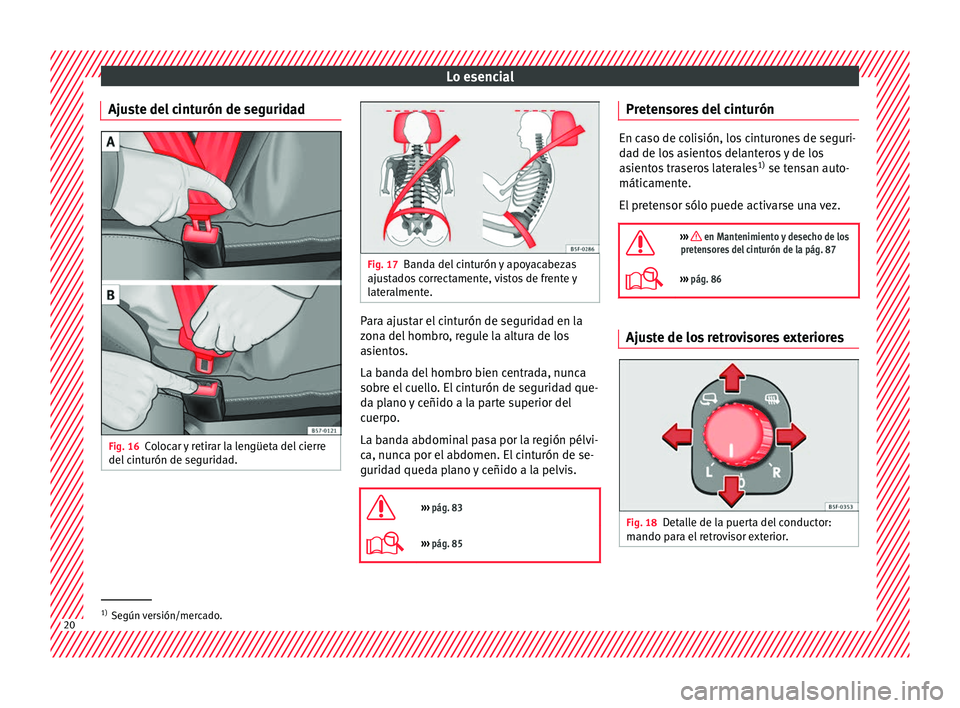 Seat Ateca 2018  Manual del propietario (in Spanish) Lo esencial
Ajuste del cinturón de seguridad Fig. 16
Colocar y retirar la lengüeta del cierre
del  c
int
urón de seguridad. Fig. 17
Banda del cinturón y apoyacabezas
ajus t

ados correctamente, vi