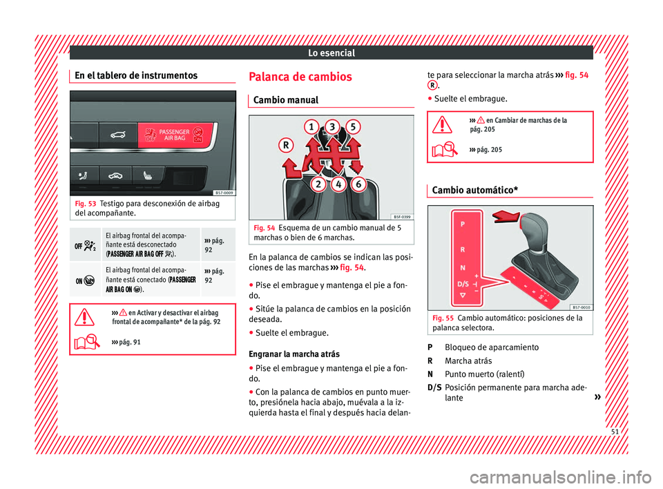 Seat Ateca 2018 Manual del propietario (in Spanish) Lo esencial
En el tablero de instrumentos Fig. 53
Testigo para desconexión de airbag
del ac
omp
añante.
El airbag frontal del acompa-
ñante está desconectado
(
Seat Ateca 2018 Manual del propietario (in Spanish) Lo esencial
En el tablero de instrumentos Fig. 53
Testigo para desconexión de airbag
del ac
omp
añante.
El airbag frontal del acompa-
ñante está desconectado
(
