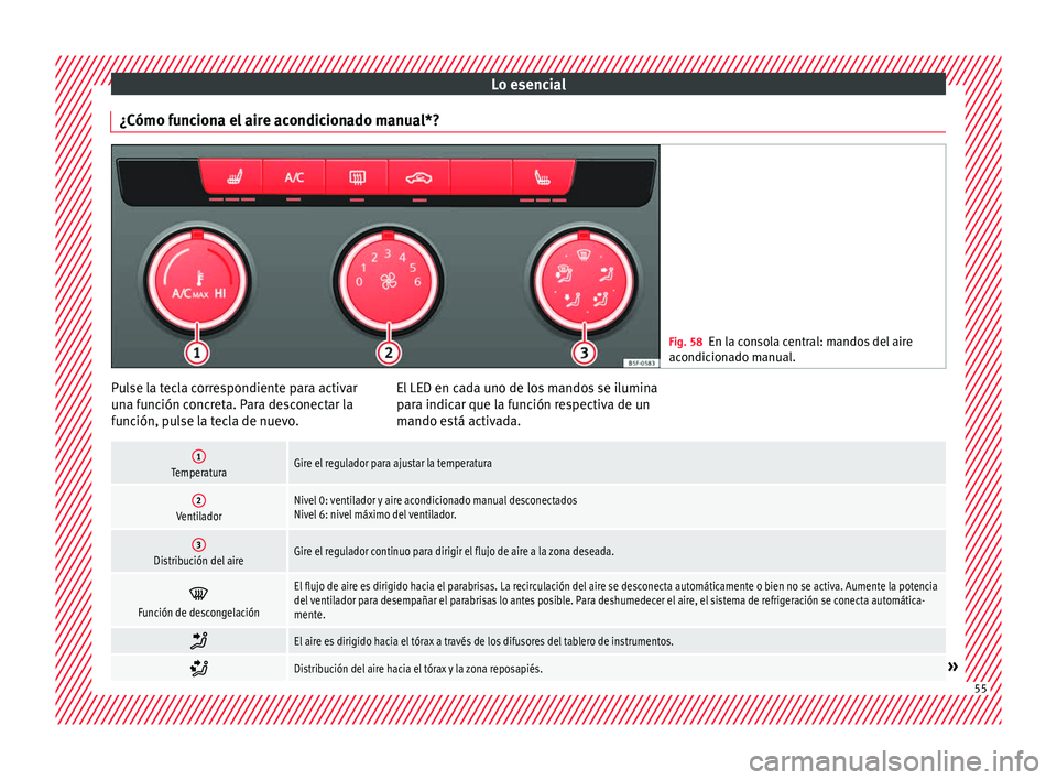 Seat Ateca 2018 Manual del propietario (in Spanish) Lo esencial
¿Cómo funciona el aire acondicionado manual*? Fig. 58
En la consola central: mandos del aire
acondic ion
ado manual. Pulse la tecla correspondiente para activar
u
n
a f
unción concreta Seat Ateca 2018 Manual del propietario (in Spanish) Lo esencial
¿Cómo funciona el aire acondicionado manual*? Fig. 58
En la consola central: mandos del aire
acondic ion
ado manual. Pulse la tecla correspondiente para activar
u
n
a f
unción concreta