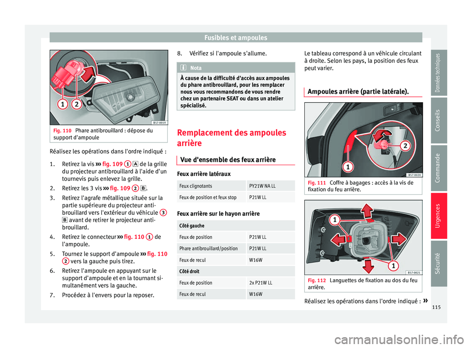 Seat Ateca 2018  Manuel du propriétaire (in French)  Fusibles et ampoules
Fig. 110 
Phare antibrouillard : dépose du
sup por
t d'ampoule Réalisez les opérations dans l'ordre indiqué :
Retir
ez

 la vis ››› fig. 109  1   de l
a grill