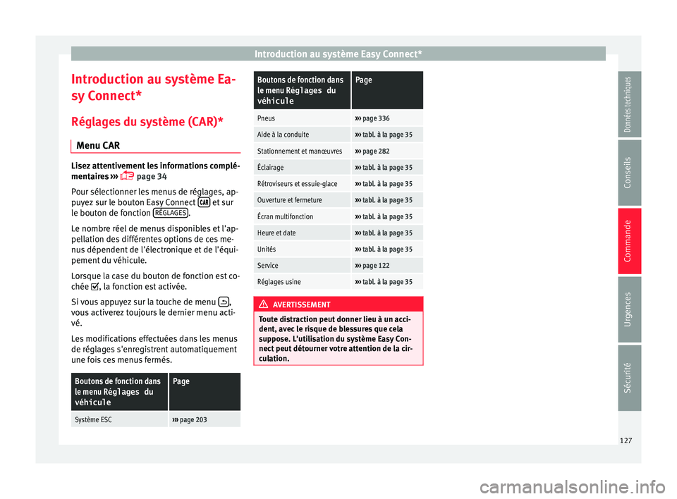 Seat Ateca 2018  Manuel du propriétaire (in French)  Introduction au système Easy Connect*
Introduction au système Ea-
sy  C
onnect
*
Réglages du système (CAR)* Menu CAR Lisez attentivement les informations complé-
mentair
e

s ››› 
 page 