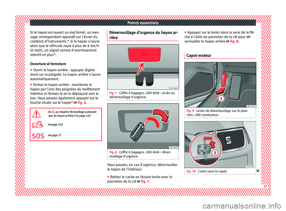 Seat Ateca 2018  Manuel du propriétaire (in French)  Points essentiels
Si le hayon est ouvert ou mal fermé, un mes-
s ag
e c
orrespondant apparaît sur l'écran du
combiné d'instruments.* Si le hayon s'ouvre
alors que le véhicule roule à