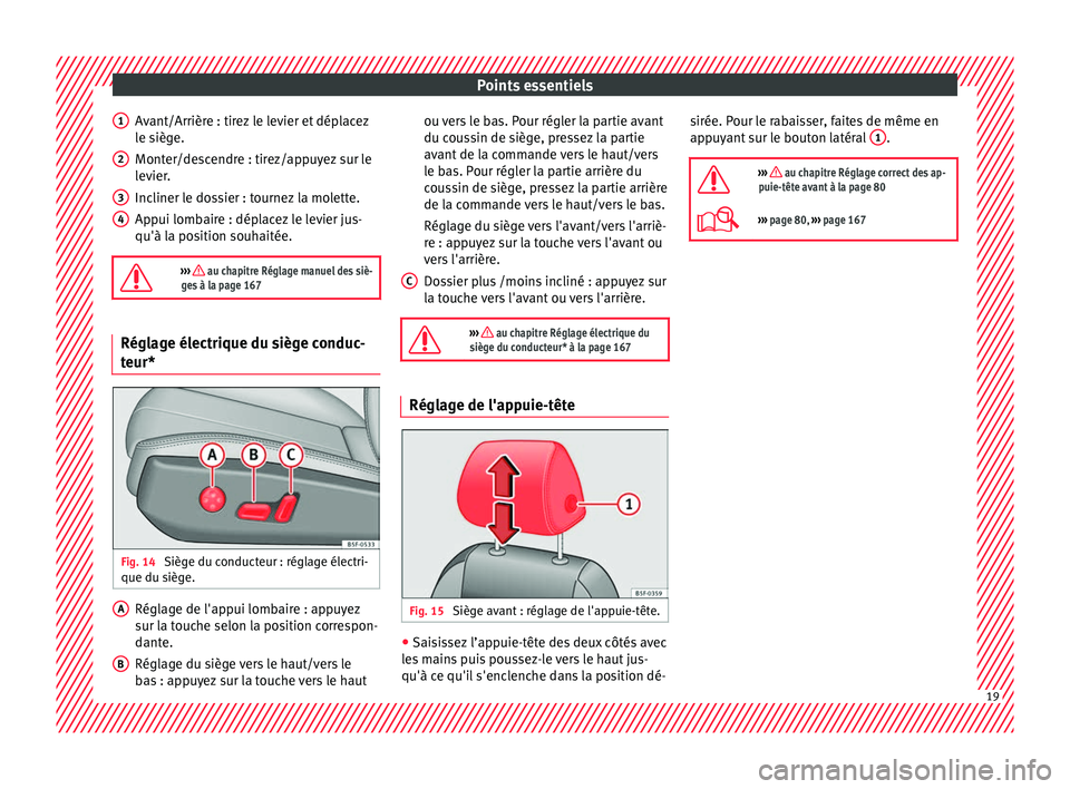 Seat Ateca 2018  Manuel du propriétaire (in French)  Points essentiels
Avant/Arrière : tirez le levier et déplacez
l e s
ièg
e.
Monter/descendre : tirez/appuyez sur le
levier.
Incliner le dossier : tournez la molette.
Appui lombaire : déplacez le le