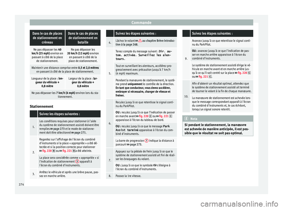 Seat Ateca 2018  Manuel du propriétaire (in French)  CommandeDans le cas de places
de stationnement en créneauDans le cas de placesde stationnement en bataille
Ne pas dépasser les  40
km/h (25 mph) environ en passant à côté de la place de stationne