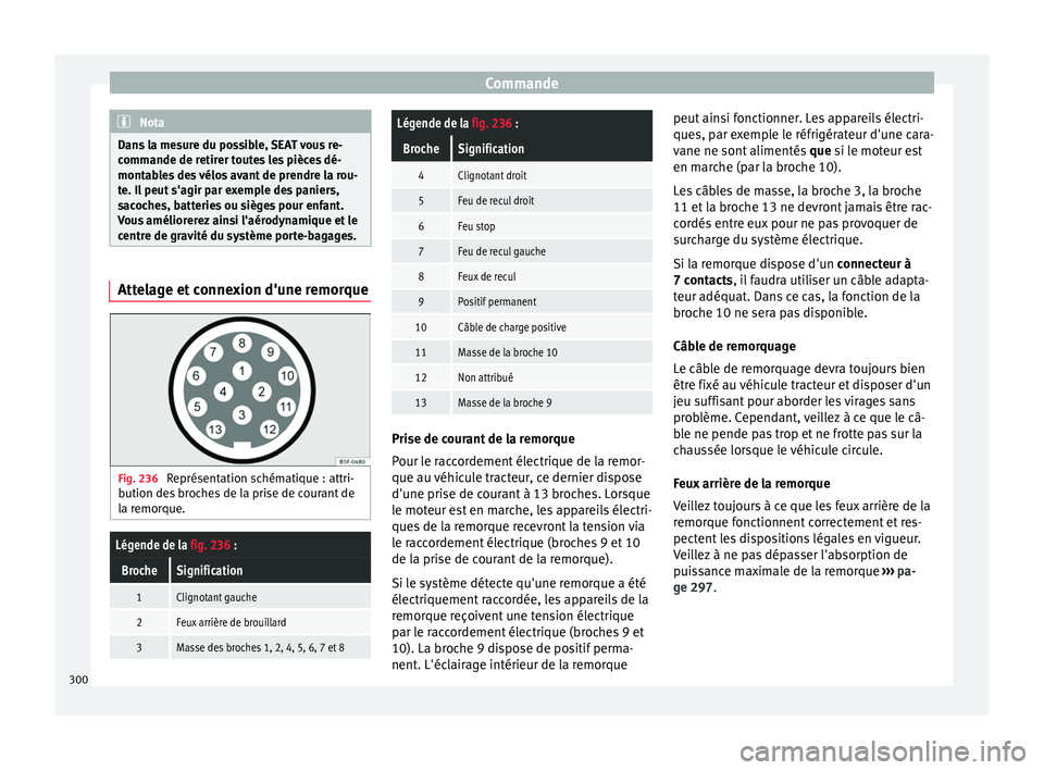 Seat Ateca 2018  Manuel du propriétaire (in French)  Commande
Nota
Dans la mesure du possible, SEAT vous re-
comm ande de r
etirer toutes les pièces dé-
montables des vélos avant de prendre la rou-
te. Il peut s'agir par exemple des paniers,
saco