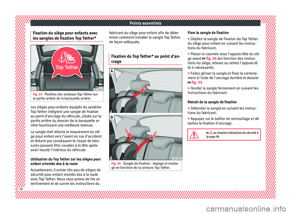 Seat Ateca 2018  Manuel du propriétaire (in French)  Points essentiels
Fixation du siège pour enfants avec
l e
s
 sangles de fixation Top Tether* Fig. 33 
Position des anneaux Top Tether sur
l a p
ar

tie arrière de la banquette arrière. Les sièges 