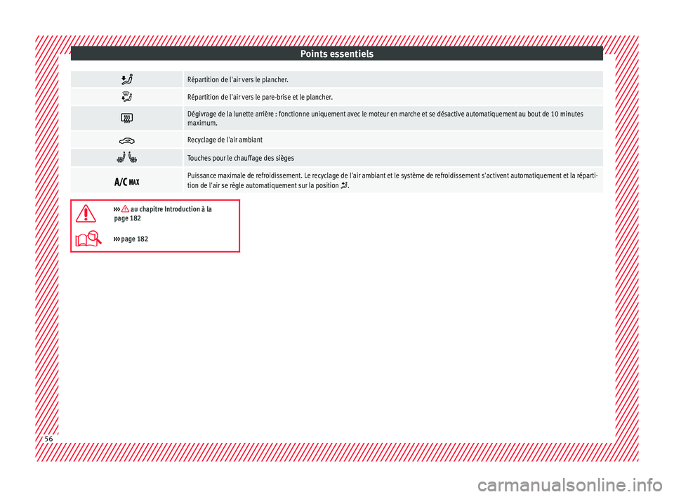 Seat Ateca 2018  Manuel du propriétaire (in French)  Points essentiels
Répartition de l'air vers le plancher.

Répartition de l'air vers le pare-brise et le plancher.

Dégivrage de la lunette arrière : fonctionne uniquement avec le 