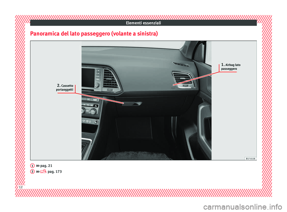 Seat Ateca 2018  Manuale del proprietario (in Italian) Elementi essenziali
Panoramica del lato passeggero (volante a sinistra) ››› 
pag. 21
› ›
›  pag. 173 1
2
12  