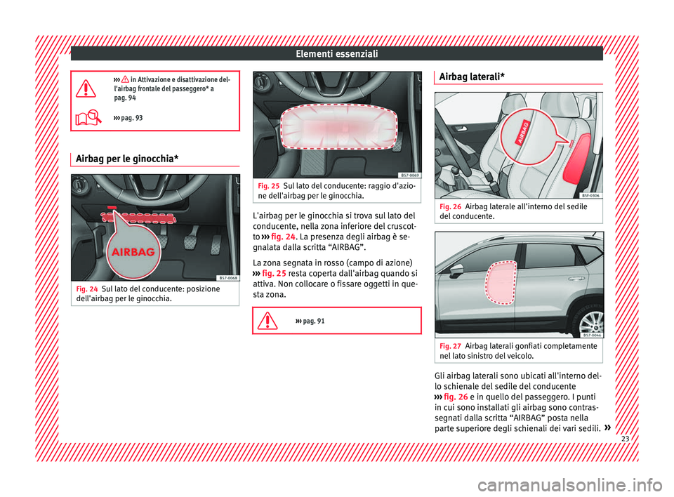 Seat Ateca 2018  Manuale del proprietario (in Italian) Elementi essenziali
›››  in Attivazione e disattivazione del-
l'airbag frontale del passeggero* a
pag. 94
›››  pag. 93 Airbag per le ginocchia*
Fig. 24
Sul lato del conducente: p