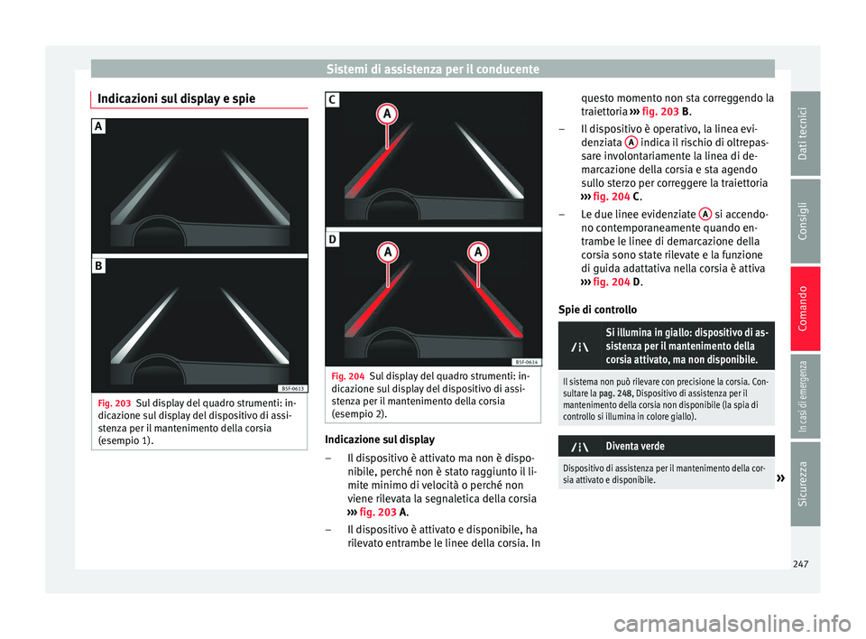 Seat Ateca 2018  Manuale del proprietario (in Italian) Sistemi di assistenza per il conducente
Indicazioni sul display e spie Fig. 203
Sul display del quadro strumenti: in-
dic az
ione s
ul display del dispositivo di assi-
stenza per il mantenimento della