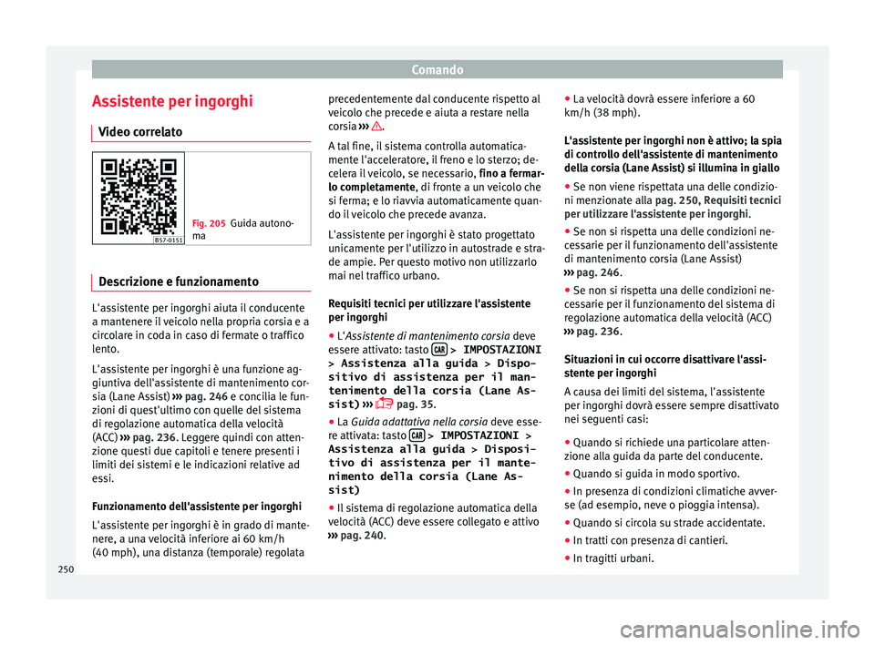 Seat Ateca 2018  Manuale del proprietario (in Italian) Comando
Assistente per ingorghi V ideo c
orr
elato Fig. 205
Guida autono-
ma Descrizione e funzionamento
L'assistente per ingorghi aiuta il conducente
a m
ant
ener

e il veicolo nella propria cors