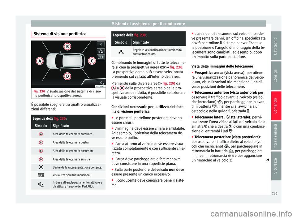 Seat Ateca 2018  Manuale del proprietario (in Italian) Sistemi di assistenza per il conducente
Sistema di visione periferica Fig. 230
Visualizzazione del sistema di visio-
ne perif eric
a: pr
ospettiva aerea. È possibile scegliere tra quattro visualizza-