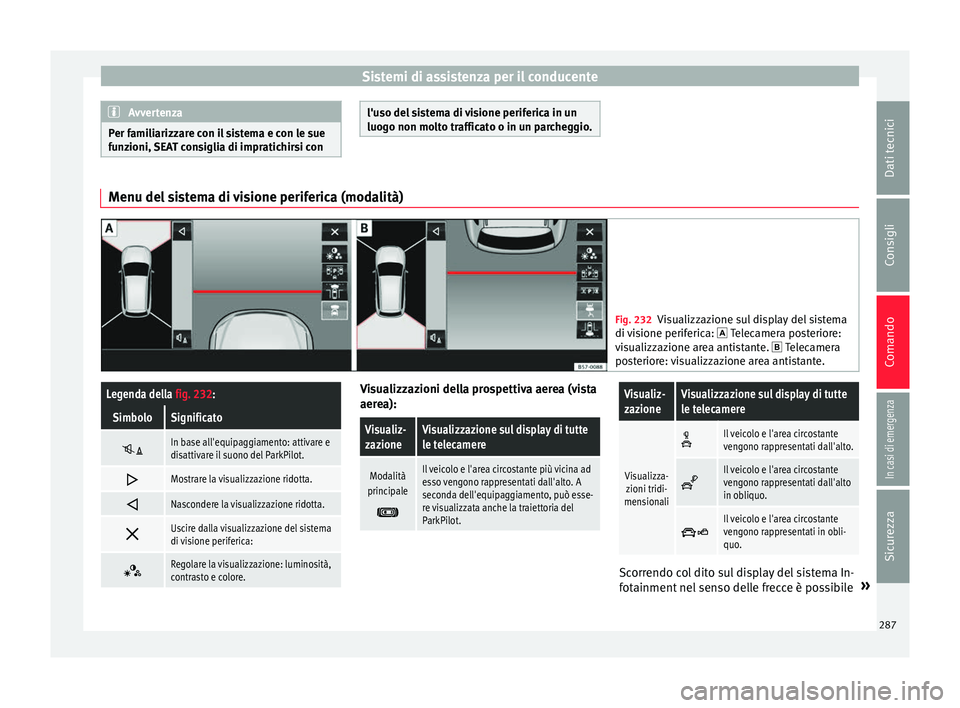 Seat Ateca 2018  Manuale del proprietario (in Italian) Sistemi di assistenza per il conducente
Avvertenza
Per familiarizzare con il sistema e con le sue
fu n
zioni, SEAT consiglia di impratichirsi con l'uso del sistema di visione periferica in un
luog