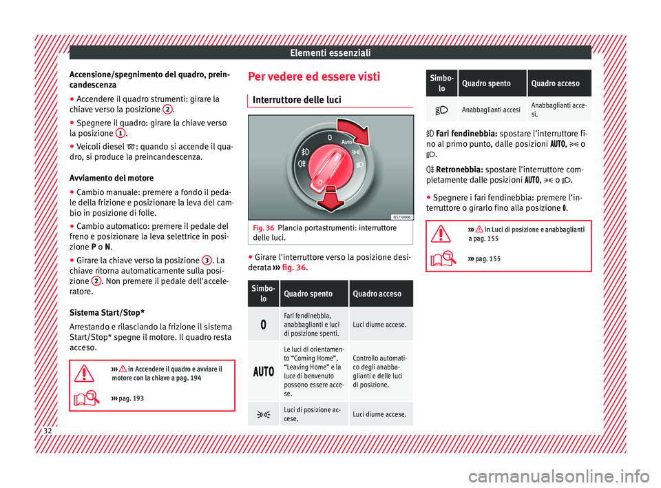 Seat Ateca 2018  Manuale del proprietario (in Italian) Elementi essenziali
Accensione/spegnimento del quadro, prein-
c ande
s
cenza
● Accendere il quadro strumenti: girare la
chiav
 e verso la posizione  2 .
● Spegnere il quadro: girare la chiave vers