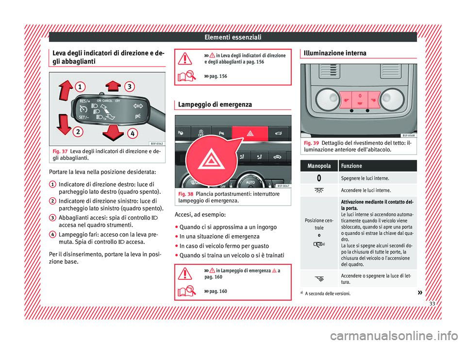 Seat Ateca 2018  Manuale del proprietario (in Italian) Elementi essenziali
Leva degli indicatori di direzione e de-
gli abb agli
anti Fig. 37
Leva degli indicatori di direzione e de-
gli abb agli
anti. Portare la leva nella posizione desiderata:
Indic at
