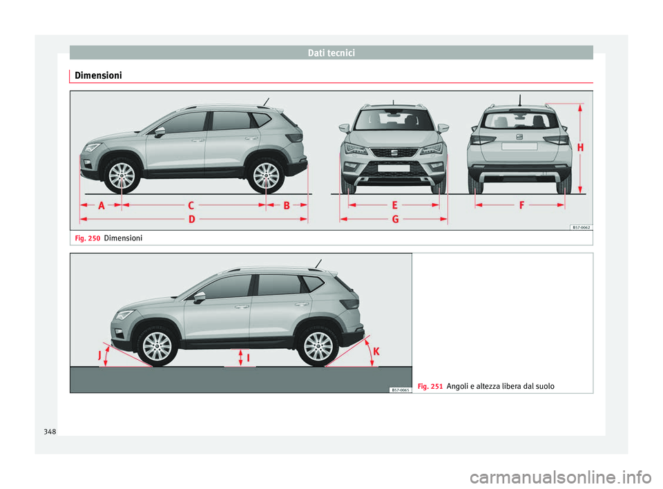 Seat Ateca 2018  Manuale del proprietario (in Italian) Dati tecnici
Dimensioni Fig. 250
Dimensioni Fig. 251
Angoli e altezza libera dal suolo348 