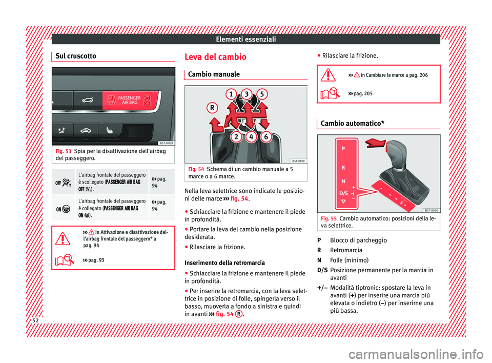Seat Ateca 2018  Manuale del proprietario (in Italian) Elementi essenziali
Sul cruscotto Fig. 53
Spia per la disattivazione dell'airbag
del  p
a
sseggero. 
 
L'airbag frontale del passeggero
è scollegato ( 