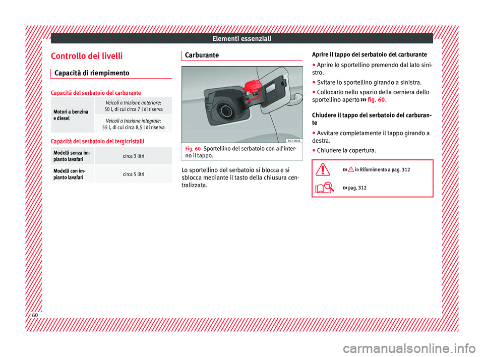 Seat Ateca 2018  Manuale del proprietario (in Italian) Elementi essenziali
Controllo dei livelli C ap
ac
ità di riempimento
Capacità del serbatoio del carburante
Motori a benzina
e diesel
Veicoli a trazione anteriore :
50 l, di cui circa 7 l di riserva
