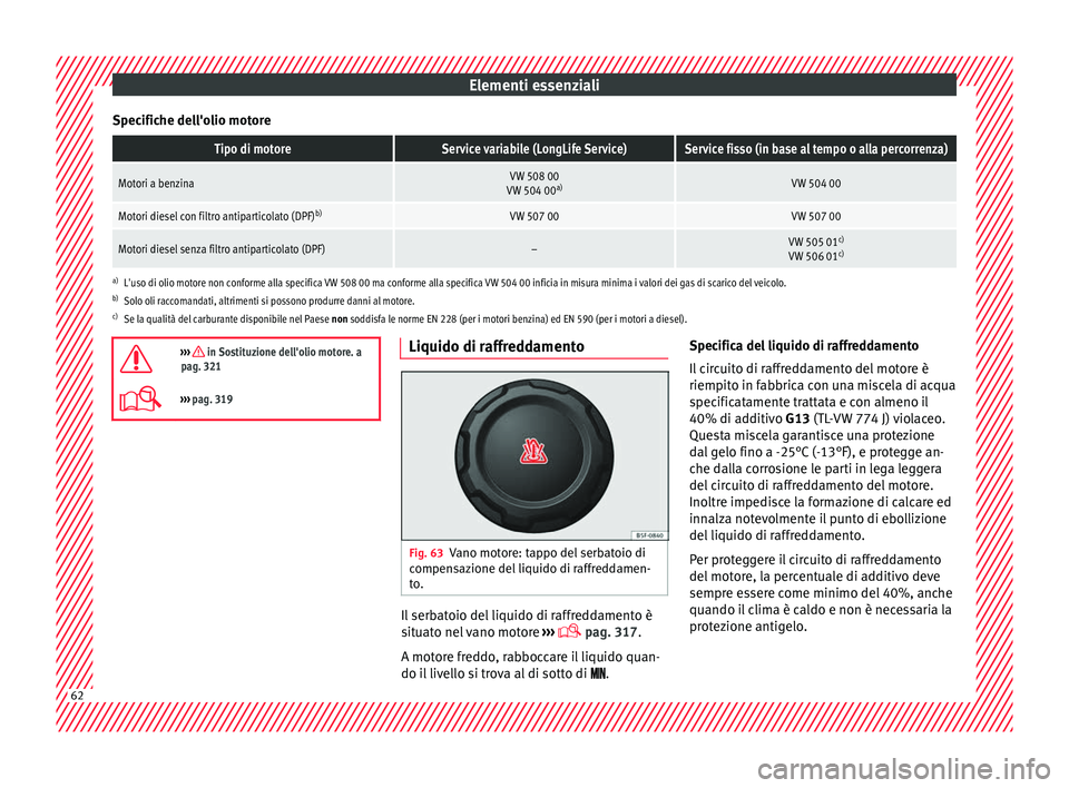 Seat Ateca 2018  Manuale del proprietario (in Italian) Elementi essenziali
Specifiche dell'olio motoreTipo di motoreService variabile (LongLife Service)Service fisso (in base al tempo o alla percorrenza)
Motori a benzinaVW 508 00
VW 504 00 a)VW 504 00