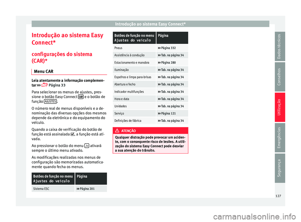 Seat Ateca 2018 Manual do proprietário (in Portuguese) Introdução ao sistema Easy Connect*
Introdução ao sistema Easy
C onnect*
c onfigur
ações do sistema
(CAR)*
Menu CAR Leia atentamente a informação complemen-
tar
›
›› Página 33
Par Seat Ateca 2018 Manual do proprietário (in Portuguese) Introdução ao sistema Easy Connect*
Introdução ao sistema Easy
C onnect*
c onfigur
ações do sistema
(CAR)*
Menu CAR Leia atentamente a informação complemen-
tar
›
›› Página 33
Par