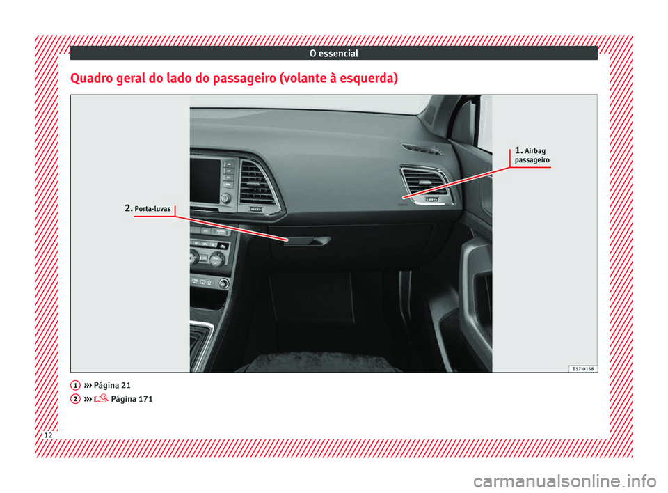 Seat Ateca 2018  Manual do proprietário (in Portuguese)  O essencial
Quadro geral do lado do passageiro (volante à esquerda) ››› 
Págin a 21
› ›
›  Página 171 1
2
12  