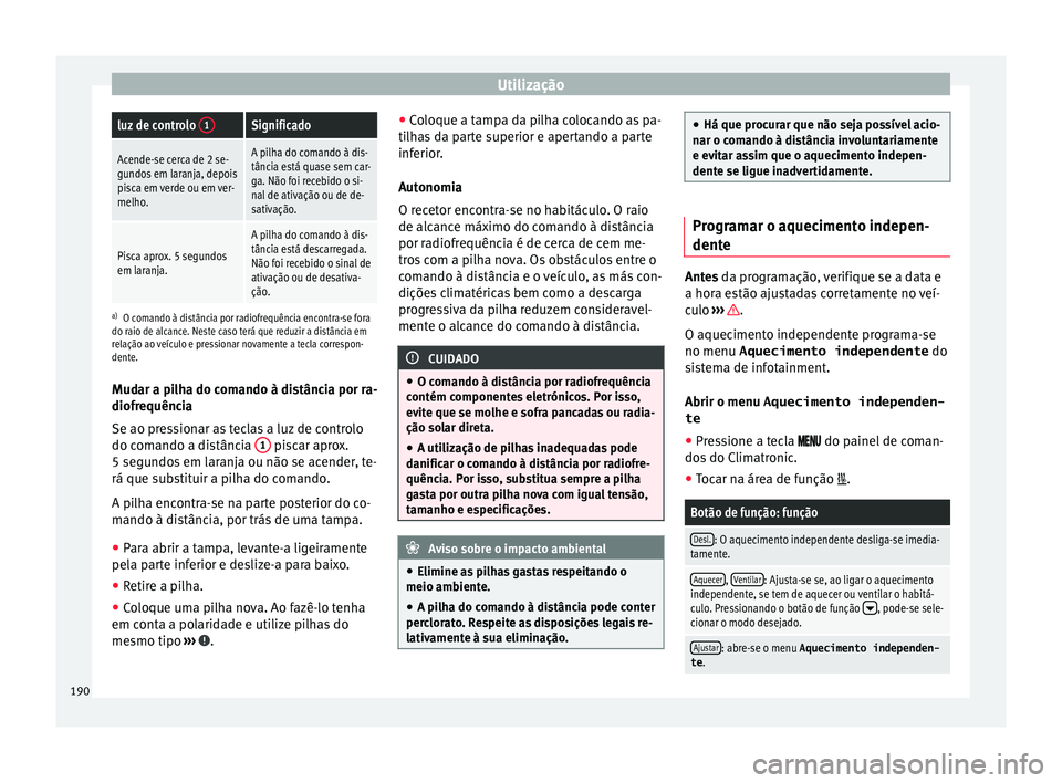 Seat Ateca 2018 Manual do proprietário (in Portuguese) Utilizaçãoluz de controlo
1Significado
Acende-se cerca de 2 se-
gundos em laranja, depois
pisca em verde ou em ver-
melho.A pilha do comando à dis-
tância está quase sem car-
ga. Não foi recebi Seat Ateca 2018 Manual do proprietário (in Portuguese) Utilizaçãoluz de controlo
1Significado
Acende-se cerca de 2 se-
gundos em laranja, depois
pisca em verde ou em ver-
melho.A pilha do comando à dis-
tância está quase sem car-
ga. Não foi recebi
