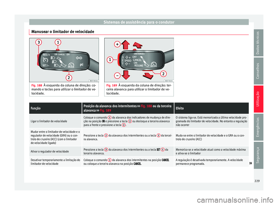 Seat Ateca 2018 Manual do proprietário (in Portuguese) Sistemas de assistência para o condutor
Manusear o limitador de velocidade Fig. 188
À esquerda da coluna de direção: co-
mando e t ec
las para utilizar o limitador de ve-
locidade. Fig. 189
À esq Seat Ateca 2018 Manual do proprietário (in Portuguese) Sistemas de assistência para o condutor
Manusear o limitador de velocidade Fig. 188
À esquerda da coluna de direção: co-
mando e t ec
las para utilizar o limitador de ve-
locidade. Fig. 189
À esq