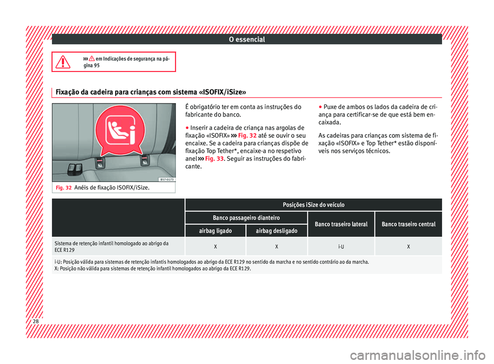 Seat Ateca 2018 Manual do proprietário (in Portuguese) O essencial
››› em Indicações de segurança na pá-
gina 95 Fixação da cadeira para crianças com sistema «ISOFIX/iSize»
Fig. 32
Anéis de fixação ISOFIX/iSize. É obrigatório ter e Seat Ateca 2018 Manual do proprietário (in Portuguese) O essencial
››› em Indicações de segurança na pá-
gina 95 Fixação da cadeira para crianças com sistema «ISOFIX/iSize»
Fig. 32
Anéis de fixação ISOFIX/iSize. É obrigatório ter e