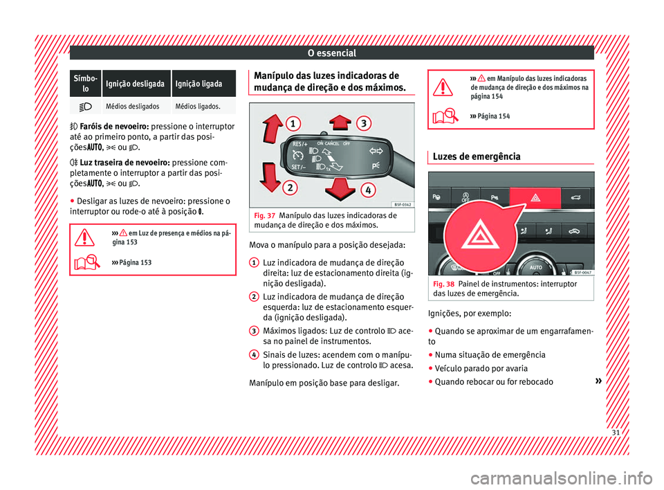 Seat Ateca 2018 Manual do proprietário (in Portuguese) O essencialSímbo-
loIgnição desligadaIgnição ligada
Médios desligadosMédios ligados.
Faróis de nevoeiro:
pre
ssione o interruptor
até ao primeiro ponto, a partir das posi-
ções Seat Ateca 2018 Manual do proprietário (in Portuguese) O essencialSímbo-
loIgnição desligadaIgnição ligada
Médios desligadosMédios ligados.
Faróis de nevoeiro:
pre
ssione o interruptor
até ao primeiro ponto, a partir das posi-
ções