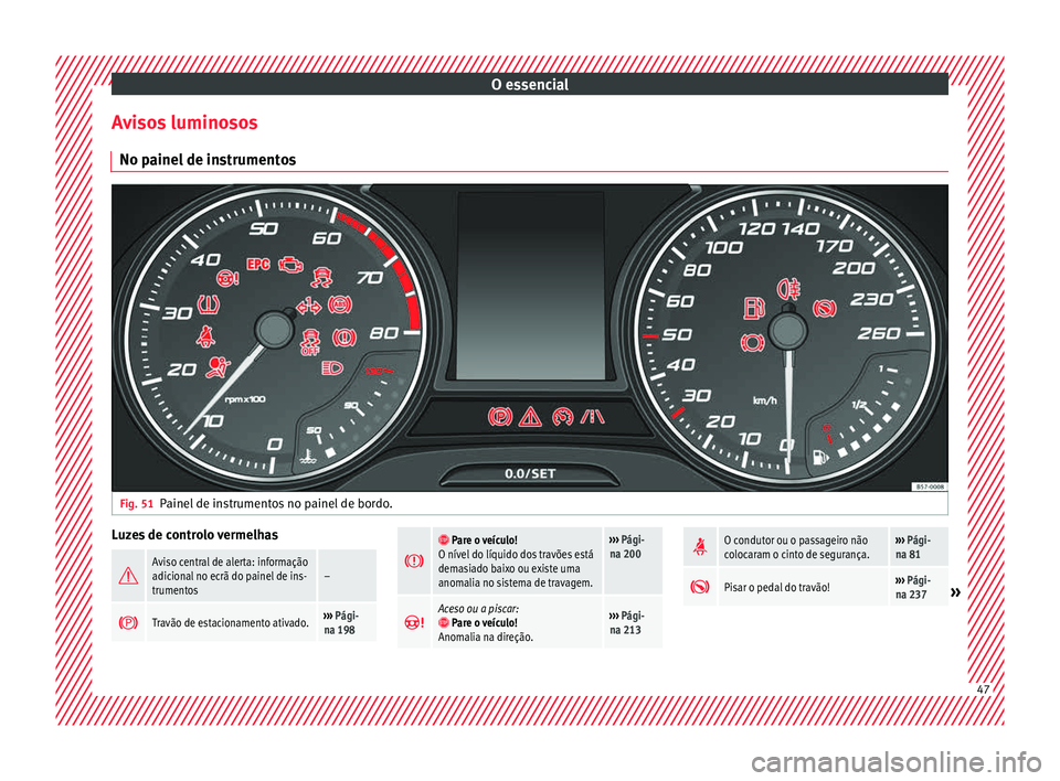 Seat Ateca 2018  Manual do proprietário (in Portuguese)  O essencial
Avisos luminosos No p ainel
 de in
strumentosFig. 51
Painel de instrumentos no painel de bordo. Luzes de controlo vermelhas

Aviso central de alerta: informação
adicional no ecrã do 