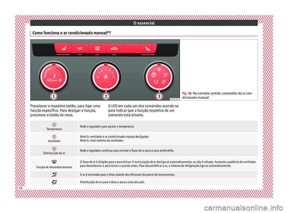 Seat Ateca 2018 Manual do proprietário (in Portuguese) O essencial
Como funciona o ar condicionado manual*? Fig. 58
Na consola central: comandos do ar con-
dicion a
do manual. Pressionar o respetivo botão, para ligar uma
f
u
nção e
specífica. Para de Seat Ateca 2018 Manual do proprietário (in Portuguese) O essencial
Como funciona o ar condicionado manual*? Fig. 58
Na consola central: comandos do ar con-
dicion a
do manual. Pressionar o respetivo botão, para ligar uma
f
u
nção e
specífica. Para de