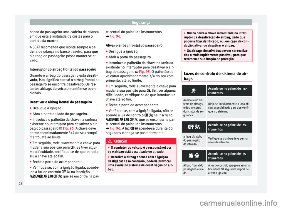 Seat Ateca 2018 Manual do proprietário (in Portuguese) Segurança
banco do passageiro uma cadeira de criança
em que e s
t
a é instalada de costas para o
sentido da marcha.
A SEAT recomenda que monte sempre a ca-
deira de criança no banco traseiro, para Seat Ateca 2018 Manual do proprietário (in Portuguese) Segurança
banco do passageiro uma cadeira de criança
em que e s
t
a é instalada de costas para o
sentido da marcha.
A SEAT recomenda que monte sempre a ca-
deira de criança no banco traseiro, para