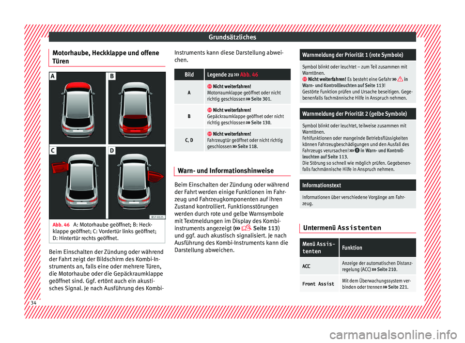 Seat Ateca 2017  Betriebsanleitung (in German) Grundsätzliches
Motorhaube, Heckklappe und offene
Tür en Abb. 46 
A: Motorhaube geöffnet; B: Heck-
k l
appe geöffnet; C: Vordertür links geöffnet;
D: Hintertür rechts geöffnet. Beim Einschalte