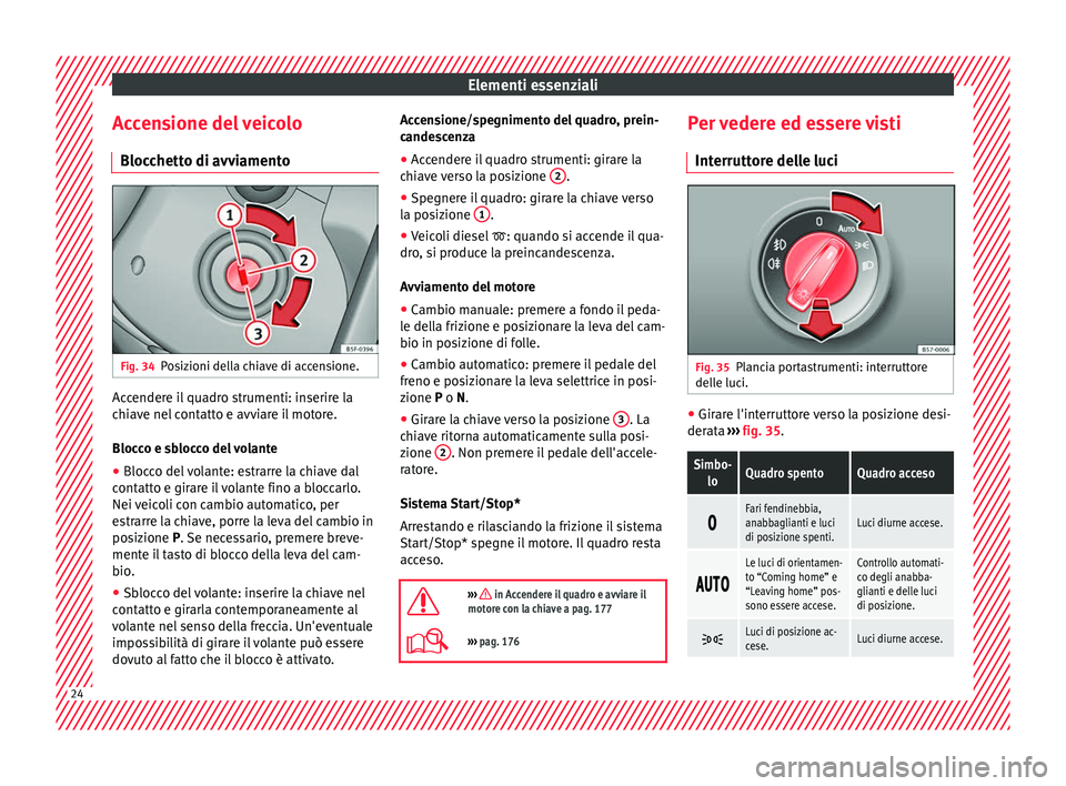 Seat Ateca 2017  Manuale del proprietario (in Italian) Elementi essenziali
Accensione del veicolo Bloc c
hetto di avviamento Fig. 34
Posizioni della chiave di accensione. Accendere il quadro strumenti: inserire la
c
hi

ave nel contatto e avviare il motor
