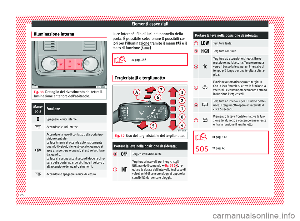 Seat Ateca 2017  Manuale del proprietario (in Italian) Elementi essenziali
Illuminazione interna Fig. 38
Dettaglio del rivestimento del tetto: il-
lumin az
ione anteriore dell'abitacolo.
Mano-
polaFunzione 
Spegnere le luci interne.

Accendere l