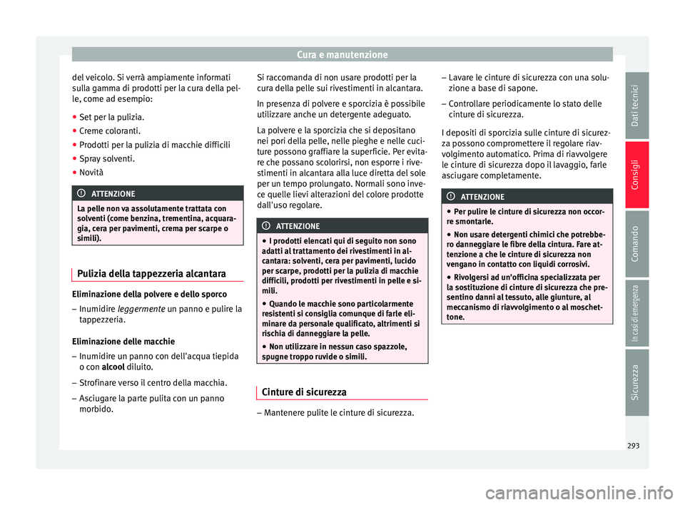 Seat Ateca 2017  Manuale del proprietario (in Italian) Cura e manutenzione
del veicolo. Si verrà ampiamente informati
s u
lla gamma di prodotti per la cura della pel-
le, come ad esempio:
● Set per la pulizia.
● Creme coloranti.
● Prodotti per la p